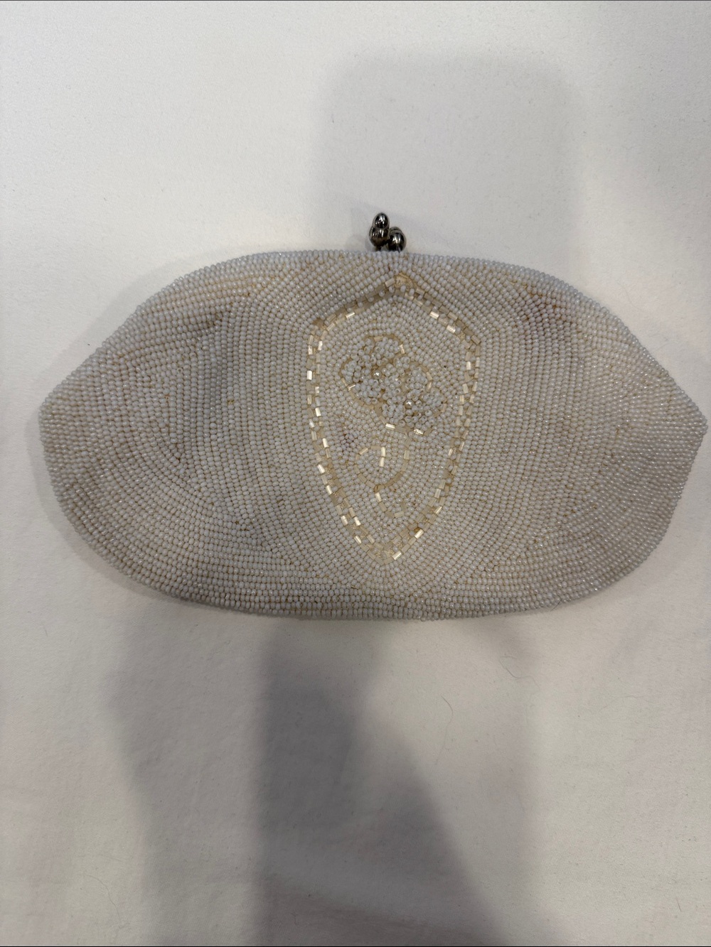 Vintage White Beaded Evening Clutch | Hand Beaded Kiss Lock Formal Purse